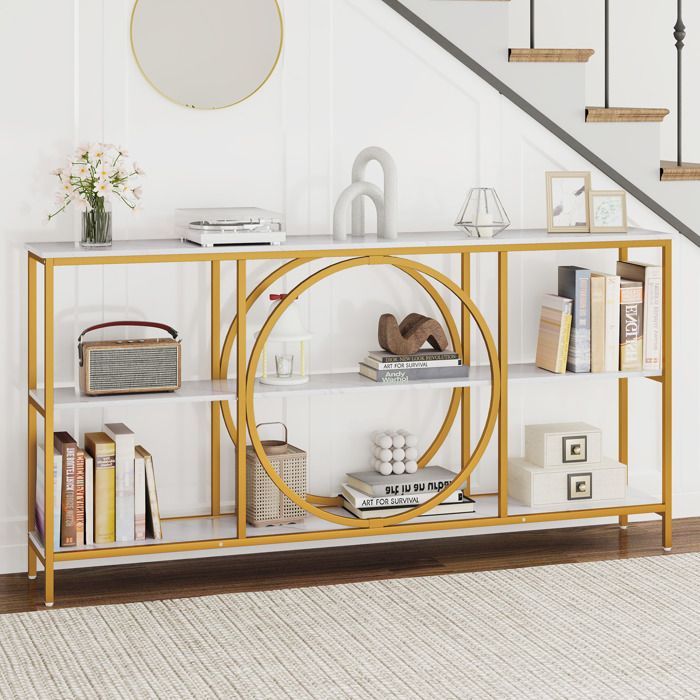 COSTWAY Table de Console XXL- 3 Niveaux 180 x 30 x 90 cm (L x l x H) Effet Marbre Cadre en Métal Doré