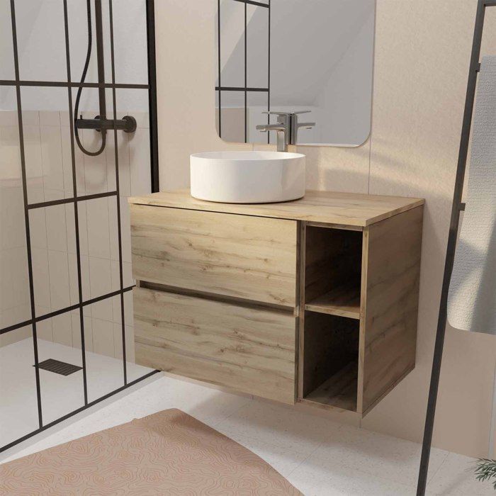 Meuble de salle de bains 80cm TIMBER Décor Chêne 2 Tiroirs et Module - Plan et Vasque Blanche