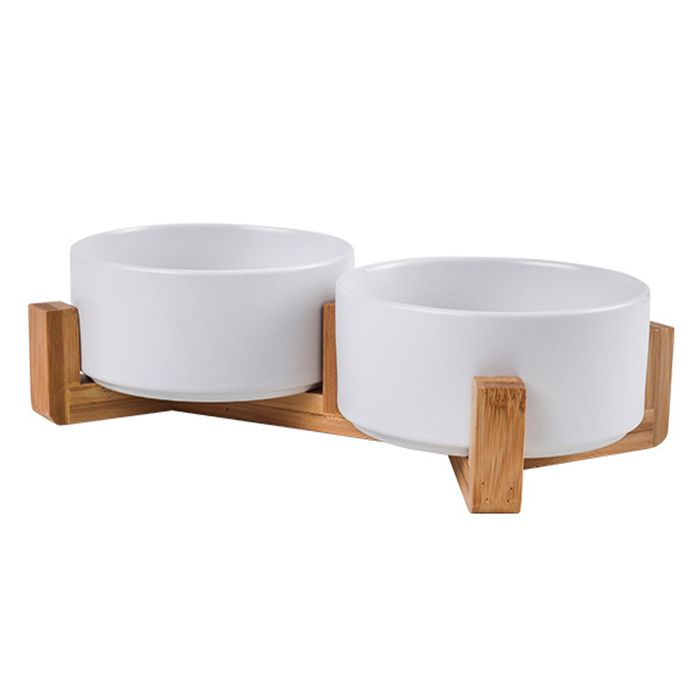 Comparer les prix de Gamelle double en céramique avec support en bambou pour chats et chiens (400 ml)