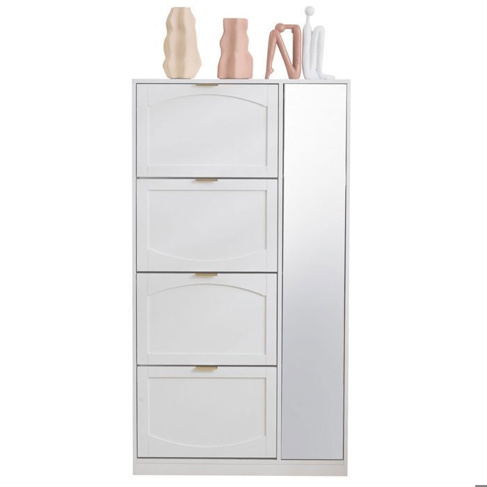 Meuble à chaussures avec miroir 4 compartiments de rangement rabattables étagère réglable derrière le miroir droit 80x24x147 cm