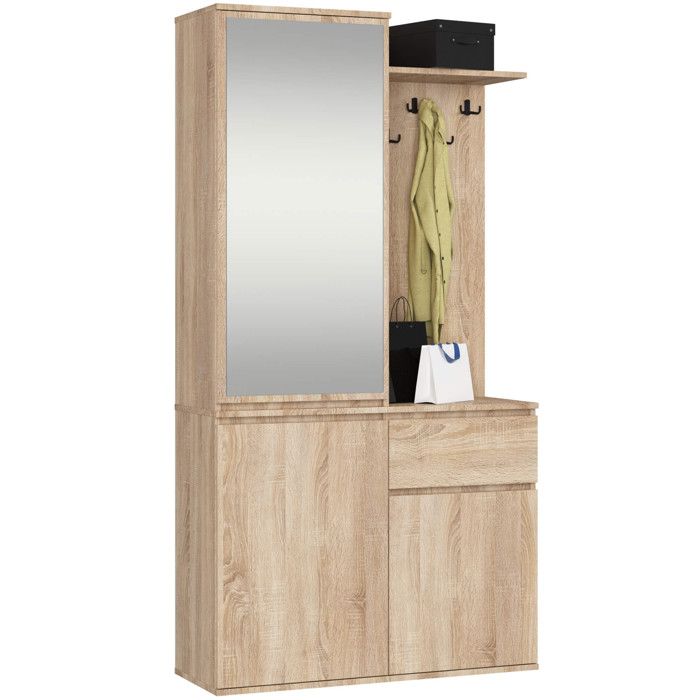 Ensemble de meubles dentrée ENTRO Chêne Sonoma avec armoire et miroir 95 cm 3 portes 1 tiroir 7 étagères 95x35x183 cm Ensemble de meubles dentrée ENTRO Chêne Sonoma avec armoire et miroir 95 cm 3 portes 1 tiroir 7 étagères 95x35x183 cm