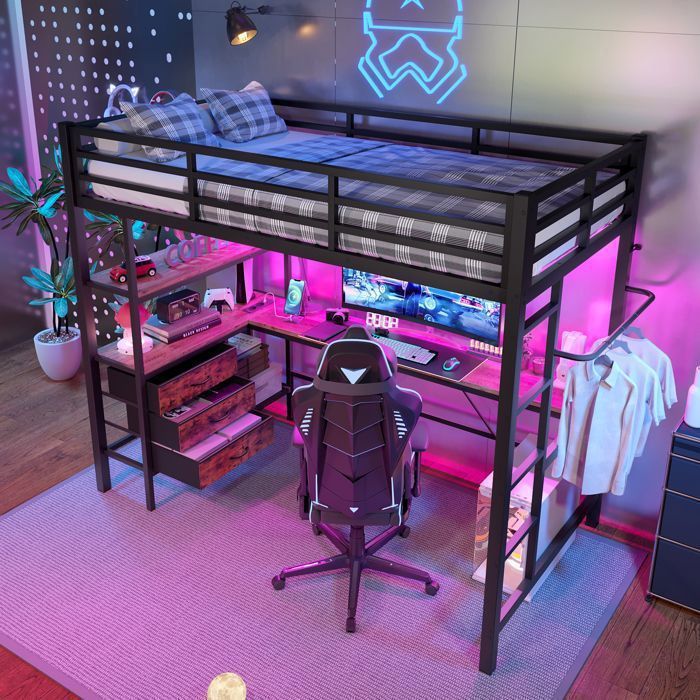 Lit Mezzanine Gamer avec Bureau Étagères Tiroirs Éclairage LED Prise USB Cadre de Lit en Métal (Sans Matelas) 90x200 cm Noir Lit Mezzanine Gamer avec Bureau Étagères Tiroirs Éclairage LED Prise USB Cadre de Lit en Métal (Sans Matelas) 90x200 cm Noir