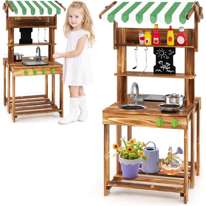 HOMASIS Cuisine extérieure pour Enfants avec Barbecue, Table, évier, Cuisine Jouet avec 27 Accessoires, Ensemble Jouet en Bois de Sapin