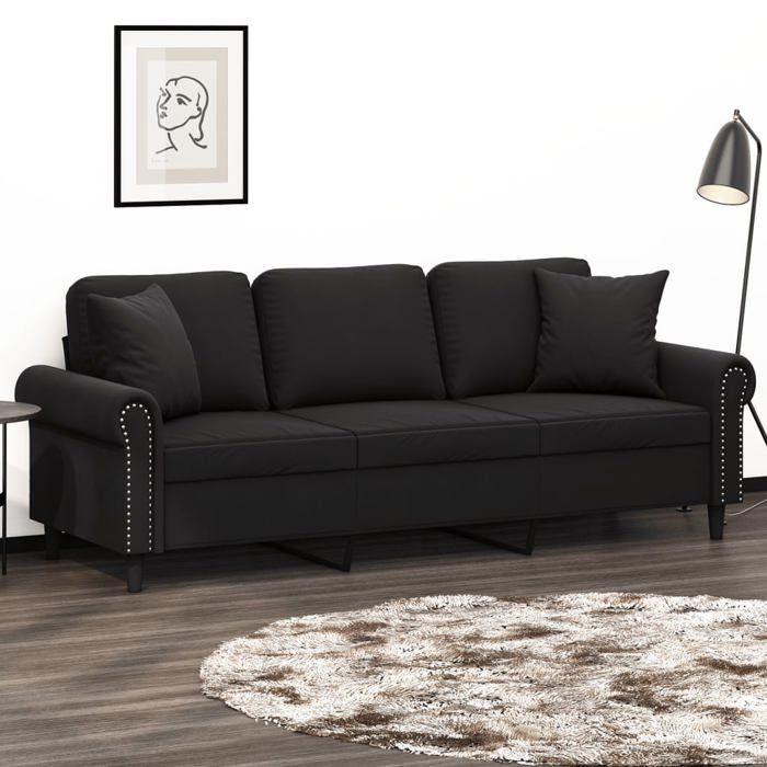 (Noir) Canapé Lounge Sofa fixe 3 places avec oreillers décoratifs noir 180 cm velours 708215