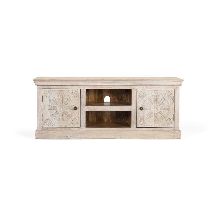 Meuble TV en bois de manguier - 152x48x60 cm - 2 portes - 2 compartiments - Finition sable Meuble TV en bois de manguier - 152x48x60 cm - 2 portes - 2 compartiments - Finition sable