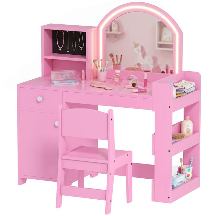 Coiffeuse pour enfants - AIYAPLAY - tabouret et miroir LED - tiroir placard et étagères - MDF - 88 6 x 38 8 x 96 9 cm - rose Coiffeuse pour enfants - AIYAPLAY - tabouret et miroir LED - tiroir placard et étagères - MDF - 88 6 x 38 8 x 96 9 cm - rose