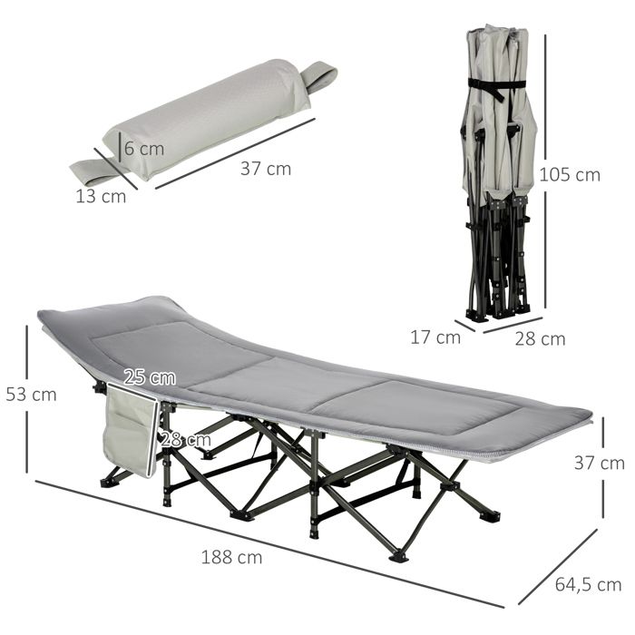 Lit de camping Lit de camp pliable avec oreiller et poche latérale matelas en gris clair supporte jusquà 150kg