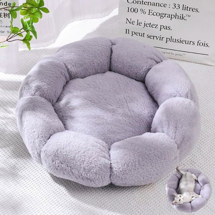 Comparer les prix de Panier Chien Peluche Coussin Chien Lit pour Chat Forme Fleur Coussin Chat Lavable Peluche Animale Gris 60cm CORBEILLE