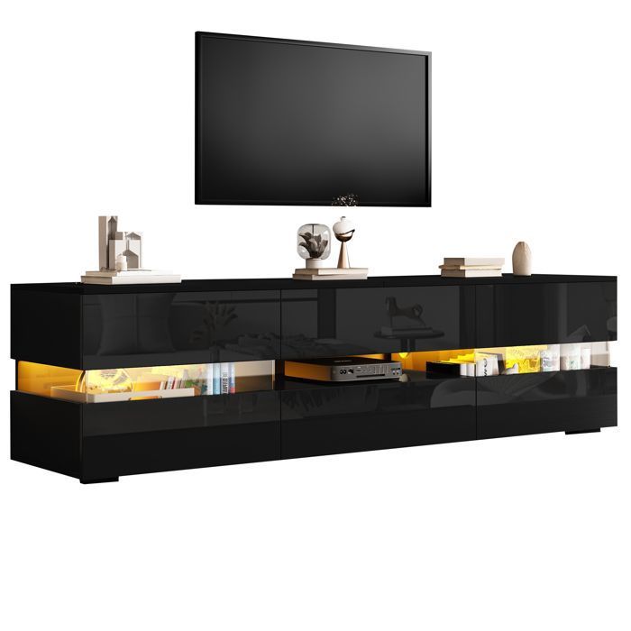 Meuble TV moderne noir brillant avec éclairage LED 2 portes 1 tiroir adapté à un téléviseur de 70 pouces 160 x 39 x 45 cm