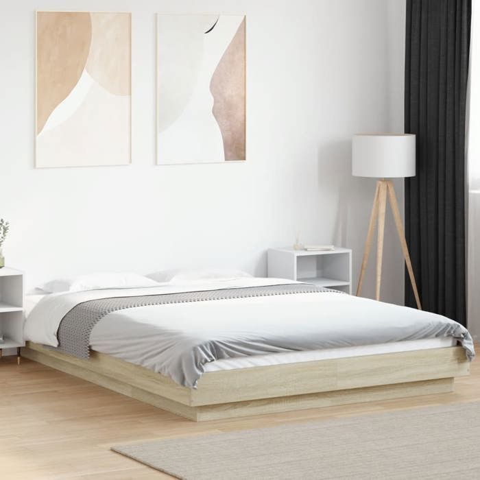 Structure de lit avec lumières LED - UU - 140x190 cm - Chêne sonoma - Lumières LED RVB - Bois dingénierie