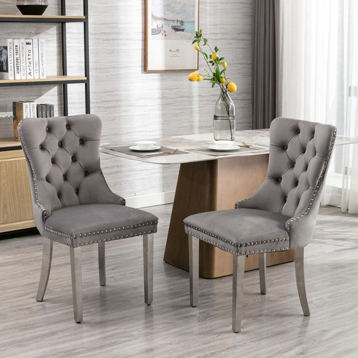 Lot de 2 Chaises de Salle à Manger Chaise de Cuisine Dossier à Ailes Pieds en métal argenté Rembourrée Gris velours