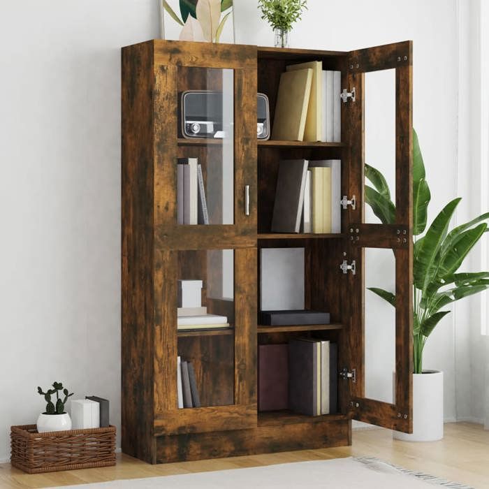 Bibliothèque SOLOMOON CHIC Armoire à vitrine - Meuble de salon - Chêne fumé 82 5x30 5x150 cm Bois dingénierie BB211