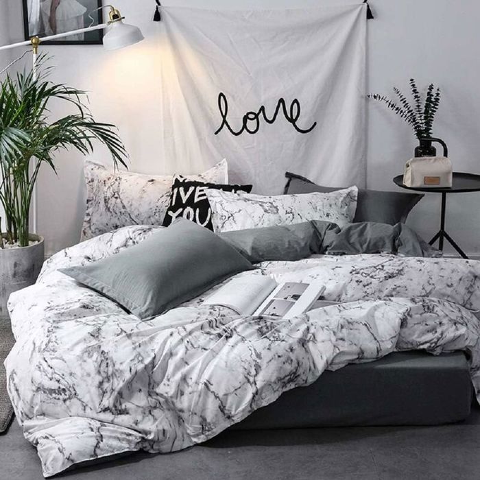 Parure de lit 3 pièces aspect marbre blanc motif marbre gris anthracite gris anthracite housse de couette lit double avec fermetur
