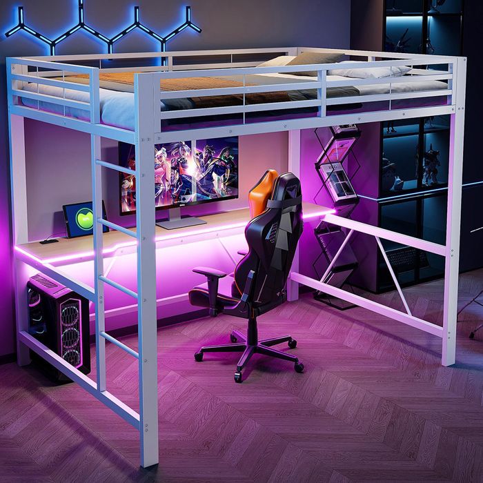 Cadre de lit mezzanine métal 140x200 cm avec LED recharge USB et bureau blanc Cadre de lit mezzanine métal 140x200 cm avec LED recharge USB et bureau blanc