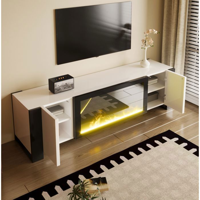 Meuble TV blanc/noir 165 x 32 x 55 cm avec cheminée électrique effet flamme 2 portes push-to-open
