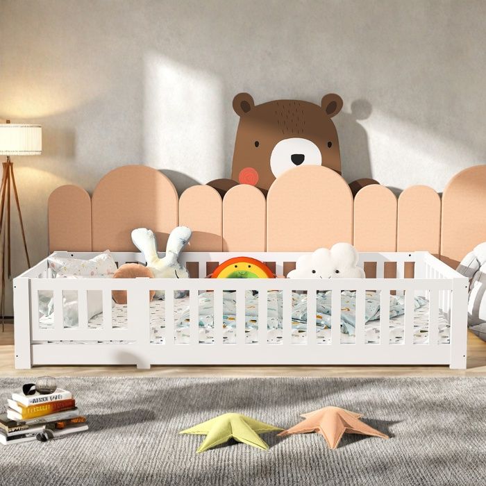 Lit au Sol en Pin Massif 90x200 cm avec Barrière de Sécurité et Porte Lit Pour Enfant Montessori Lit Enfant Bois de Pin Massif