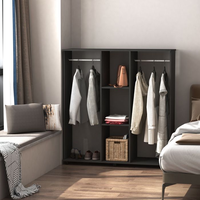 MOTHINESSTO1603-Armoire penderie Meuble de Rangement Mobile 6 roulettes 120L x 40l x 128H cm en bois Noir