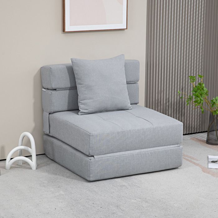 MOTHINESSTO3230-Chauffeuse canapé-lit convertible fauteuil 1 place avec 1 coussin déhoussable tissu gris clair