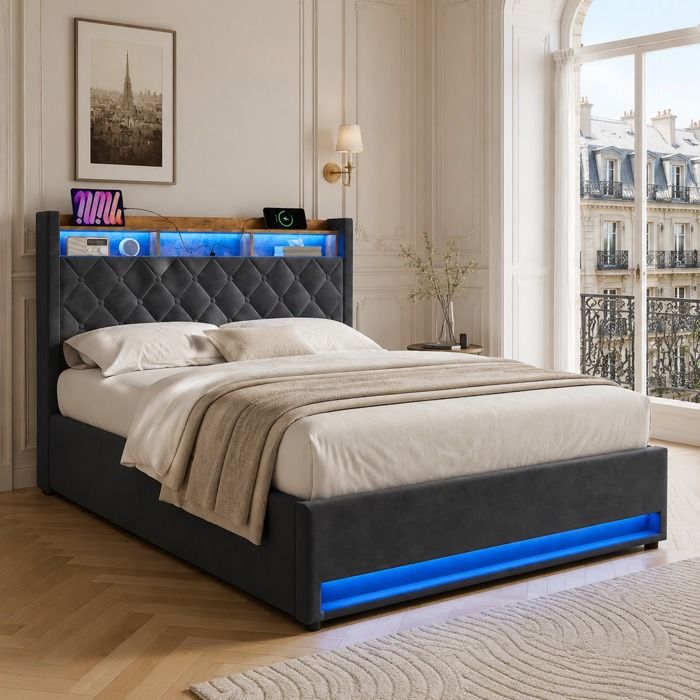 Lit coffre ULEVR avec ports USB et eclairage LED sans Matelas Gris 90x200 cm