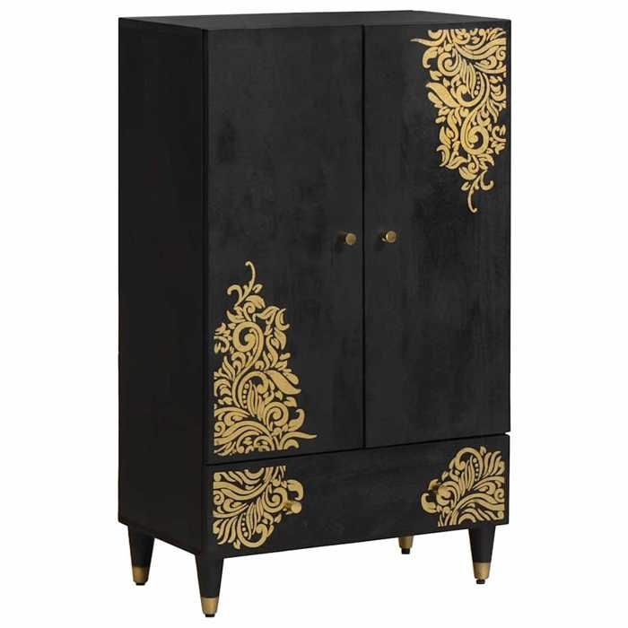 Vintage Placard Armoire Vaisselier - Noir - Haut Armoire Noir 60x33x100cm - bois de mangue massif _004440142