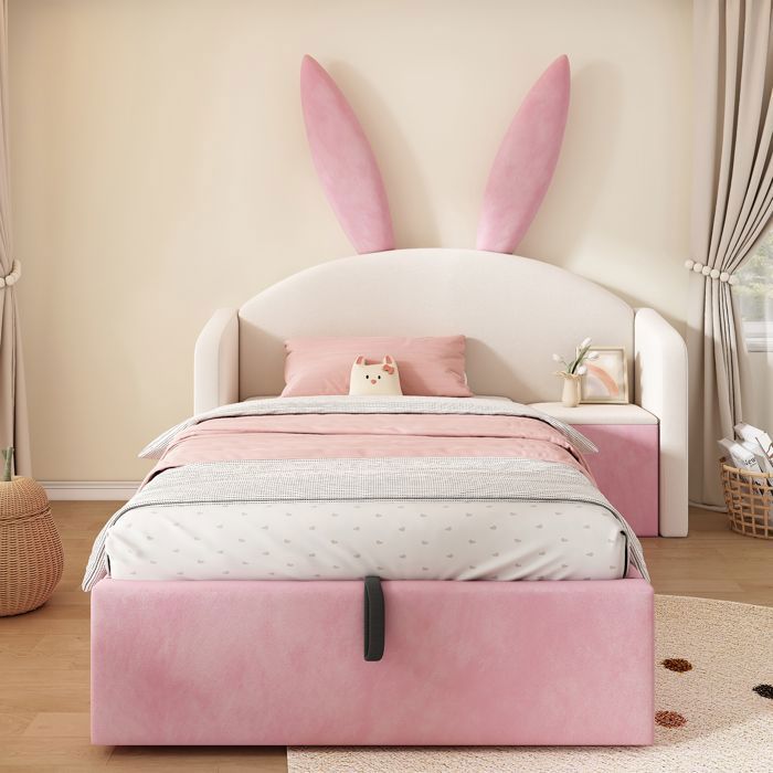 Lit enfant 90x200 cm avec rangement hydraulique - tête de lit oreilles de lapin - chevet intégré - Sommier inclus - beige et rose