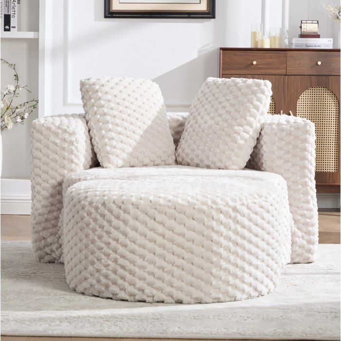 Fauteuil relaxation compressé avec pouf - TCQPZ - en tissu effet peluche beige sans accoudoirs
