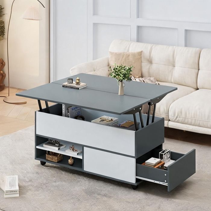 Table basse relevable en panneaux de particules gris espace de rangement dissimulé style contemporain