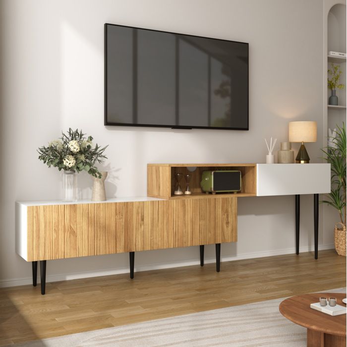 Meuble TV Extensible 3 portes aspect bois et blanc mat 220 x 30 x 63.5cm