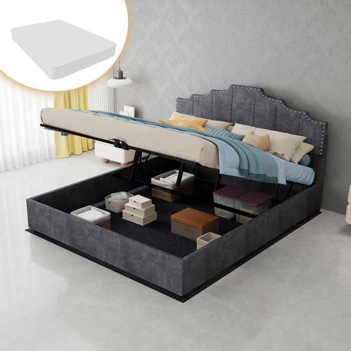 CollaHausse Lit Moelleux Minimaliste 160x200cm Gris Tête de Lit Confortable Coffre de Rangement avec Vérin Matelas Inclus