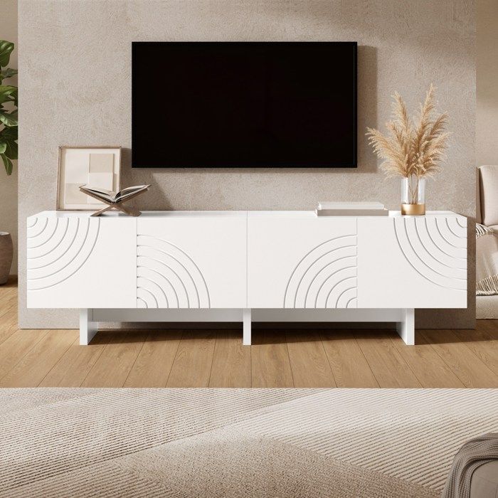 Meuble TV moderne 170x35x50 cm 4 portes et motif géométrique en arc meuble TV bas façades décoratives en relief pour le salon blanc