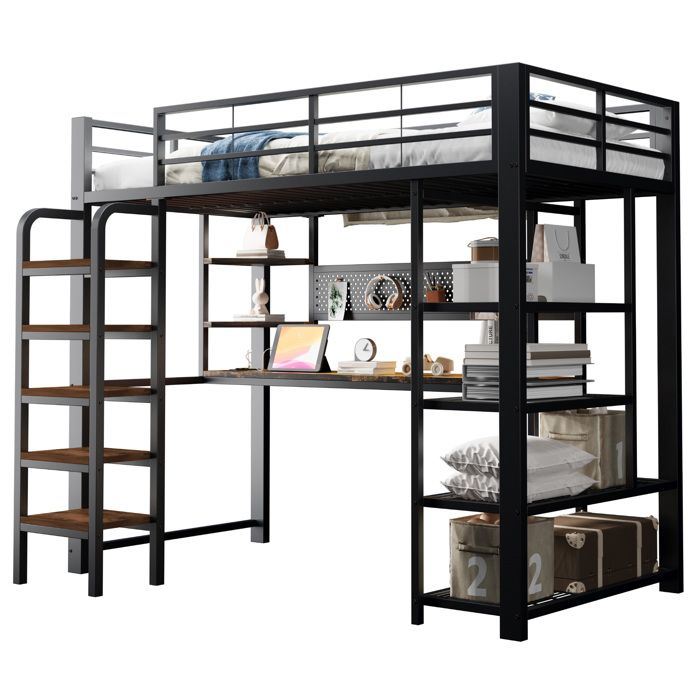 Lit mezzanine métal 90x200 cm noir bureau avec prise CEE LED multicolores étagères échelle verticale