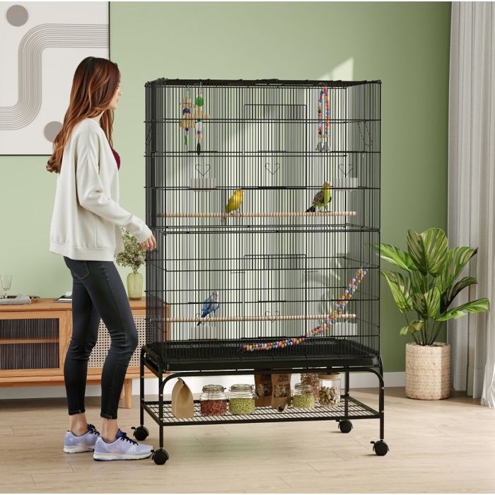 Grande volière pour oiseaux en acier noir sur roulettes toit ouvrant bac amovible 97 x 58 x 160 cm Grande volière pour oiseaux en acier noir sur roulettes toit ouvrant bac amovible 97 x 58 x 160 cm