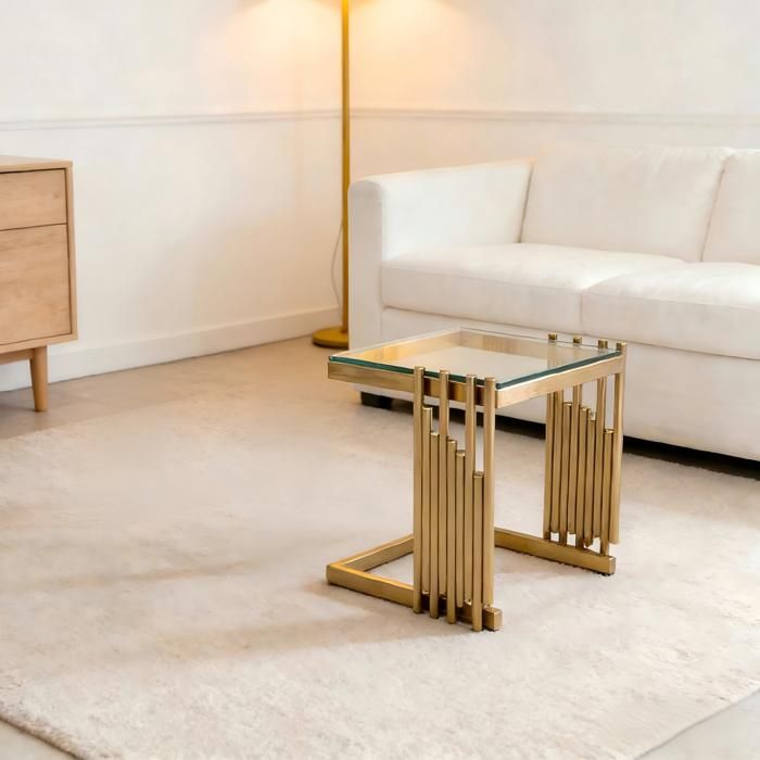 Table dappoint carrée moderne - 32x32 cm - Hauteur 37 cm - Verre trempé clair - Finition miroir doré