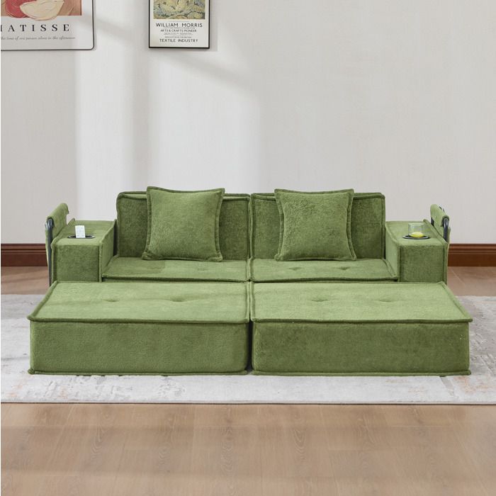 COVREO Canapé convertible 2 places en chenille verte avec porte-gobelets poches de rangement et 2 coussins