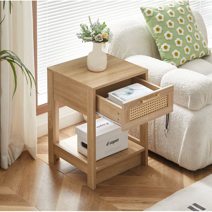 MEUBLIV Table de chevet 40 x 40 x 55 cm avec 1 tiroir et niche ouverte effet rotin MDF naturel
