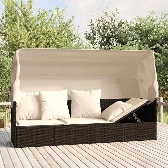 Lit de salon dextérieur - vidaXL - résine tressée - marron - 203 x 58 x 56 cm - Toit et coussins inclus - Imperméable@ueo93o