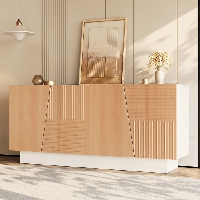 Buffet Bas 4 Portes Rainurées et Étagères Réglables - TCQPZ - en PB et MDF Blanc et Naturel 160 × 405 × 72 cm