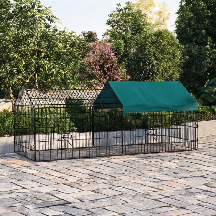 Enclos extérieur acier vert 185x75x75 cm avec toit ombragé et portes verrouillables pour lapins volailles