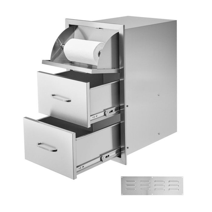 Tiroir inox 3 tiroirs 42x52x73 6cm poignée + porte-essuie-tout rangement robuste pour îlot barbecue extérieur
