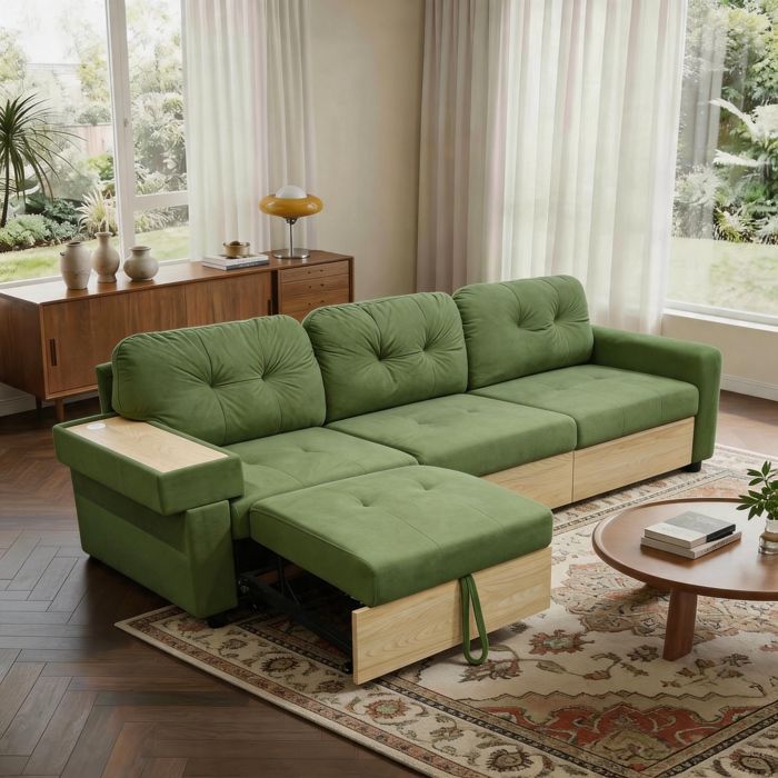 Canapé d’angle 228cm- 3 places- méridienne extensible- Avec Port USB et Rangement- 228 x 80 x 78 cmVert