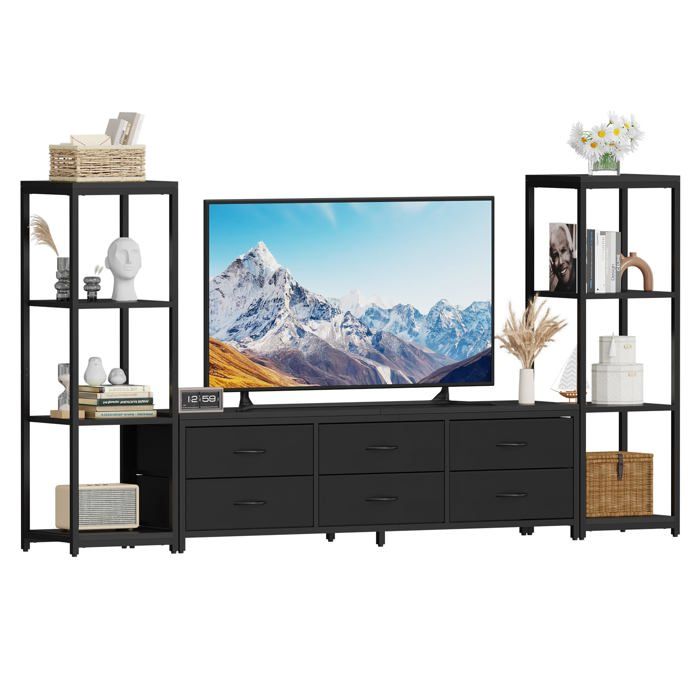 Meuble TV industriel moderne – 6 tiroirs en tissu – 4 étagères de rangement – Grand meuble pour chambre et salon