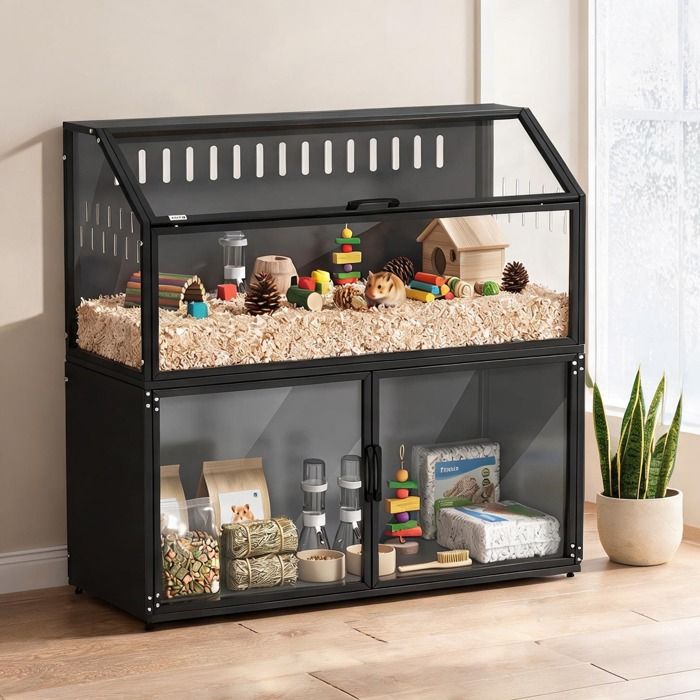 Cage pour rongeurs avec armoire de rangement intégrée en acier et acrylique noir 104 x 41 x 102 cm
