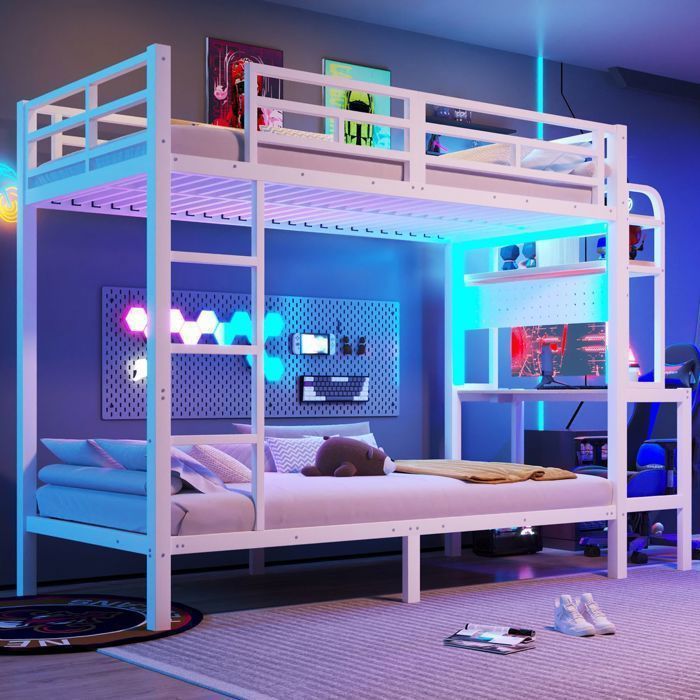 Lit superposé - WESTYLE - 90x200 cm - Bureau intégré - LED & port USB - Cadre métal blanc