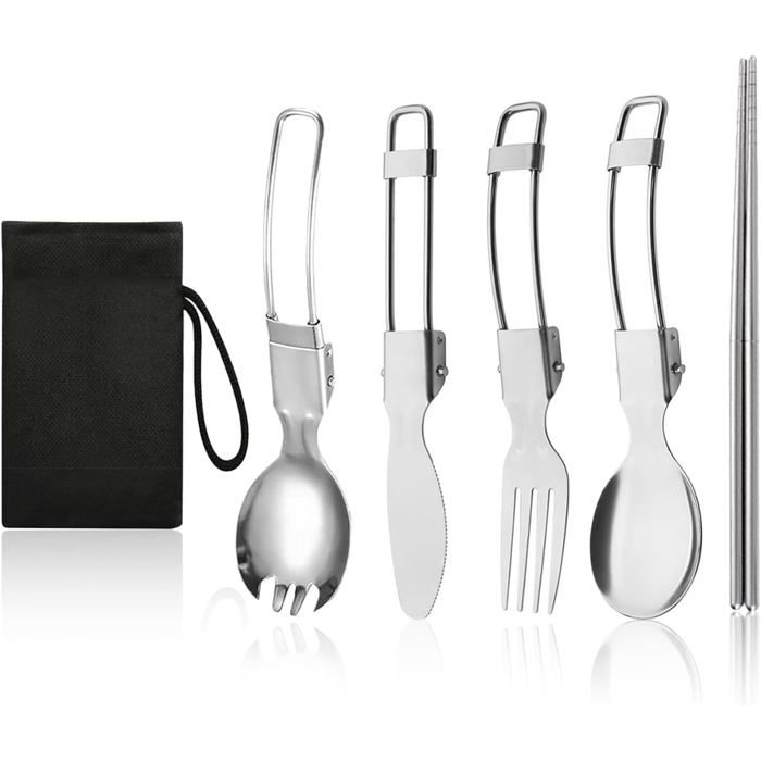 Couverts Pique Nique 5 Pièces Couverts Camping Pliable Set Couverts Voyage Acier Inoxydable avec Sac de Rangement pour Voyage
