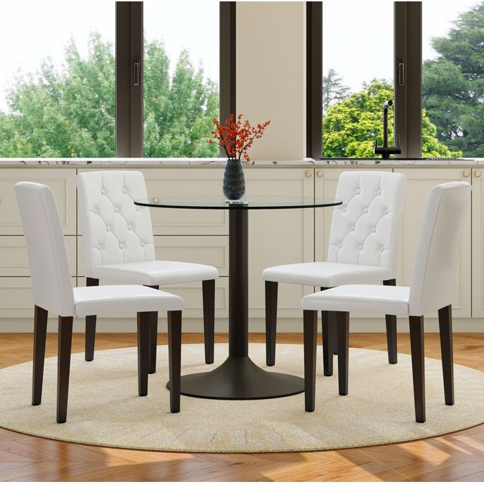 Ensemble repas table en verre ronde 85 cm et 4 chaises en PU à dossier boutonné style minimaliste