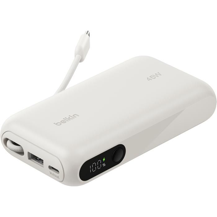 Batterie externe 10 000 mAh 45W USB-C avec câble intégré 3 ports couleur sable