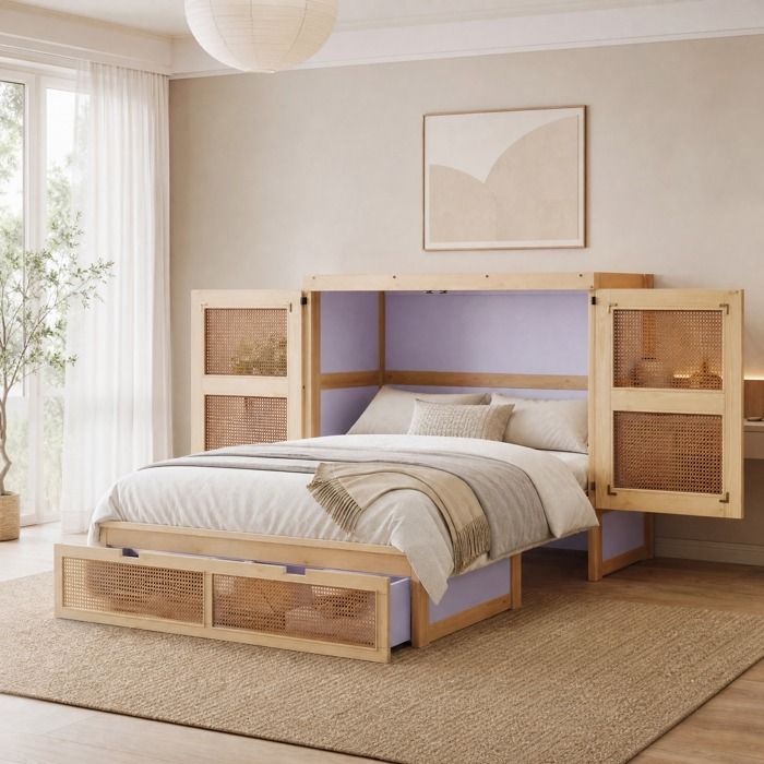 Lit escamotable - ZEVKOR - Lit armoire 140×200 cm - Sommier à lattes - Tiroirs intégrés - Décor cannage rotin