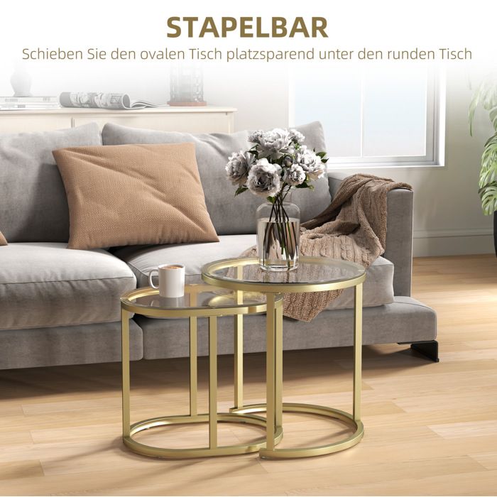 Table basse lot de 2 empilable structure acier plateau en verre trempé ronde et ovale pour salon doré VEVXYN