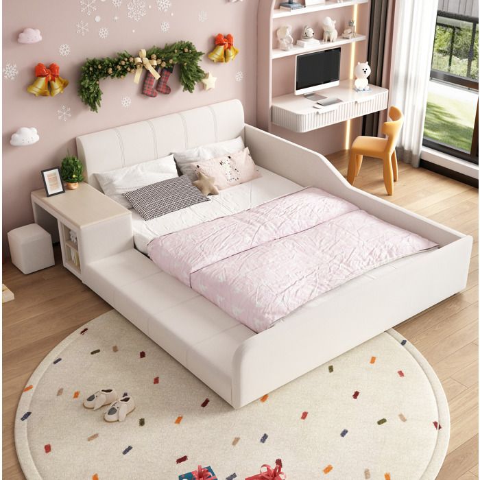 Lit enfant combiné 140x200 avec bureau intégré tabouret étagère de rangement velours blanc VEVXYN
