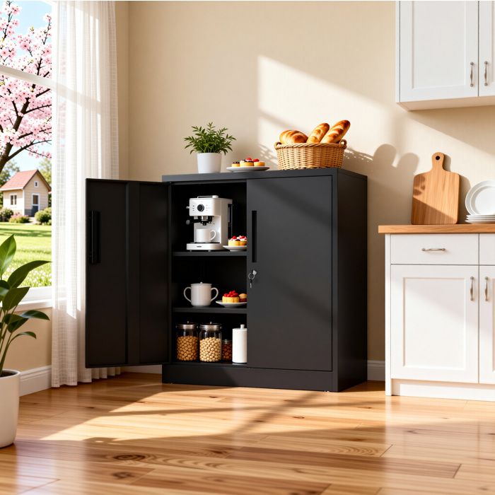 Armoire de rangement en métal AESVAR 90 x 80 x 40 cm portes verrouillables 2 étagères réglables noire